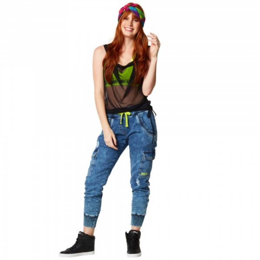ZUMBA Get Faded Denim Dance Cargo Capri Pants, M